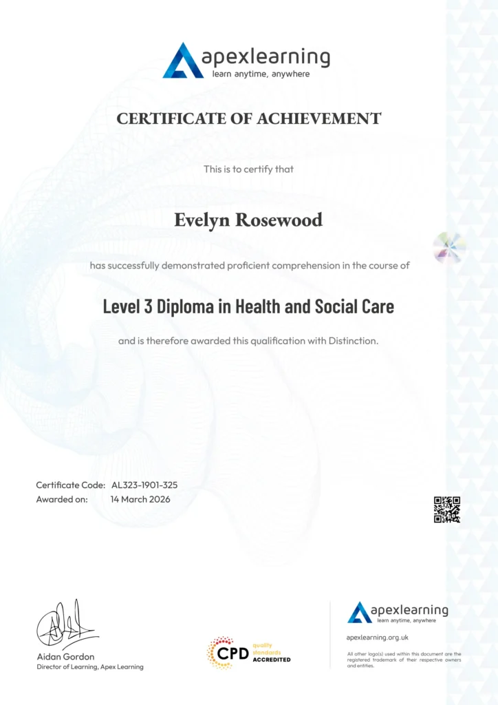Sample CPD Accredited Health and Social Care Certificate UK issued by Apex Learning after successful course completion