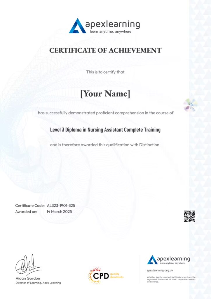 Apex Demo Certificate for Level 3 Diploma in Nursing Assistant Complete Training